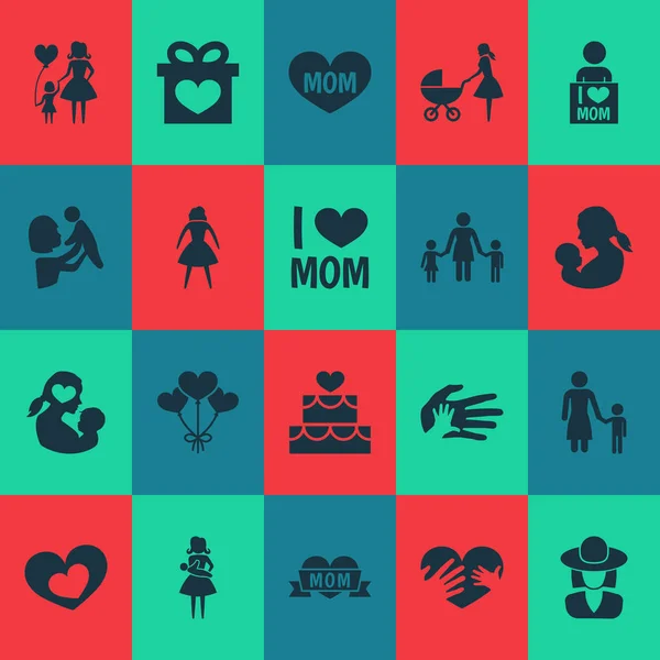 Koncepcja ikony Dnia Matki. Zestaw 20 takich elementów jak kobieta, perambulator i kocham mamę. Piękne symbole dla matki, serca i miłości. — Wektor stockowy