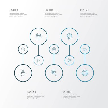 24 saat hizmet, açık artırma, alışveriş asistanı ve diğer operatör unsurlarıyla ticari simgeler çizimi. İzole edilmiş illüstrasyon ticaret simgeleri.