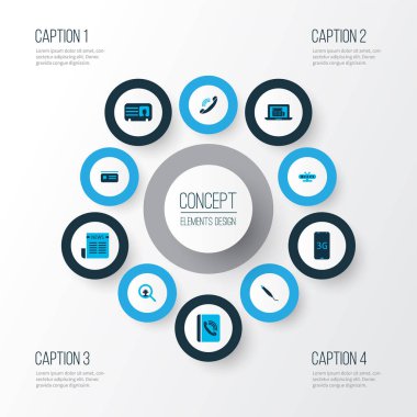 Telekomünikasyon simgeleri bağlantı prizi, televizyon kutusu, çevrimiçi haberler ve diğer donanım unsurlarıyla renklendirildi. İzole edilmiş illüstrasyon telekomünikasyon simgeleri.