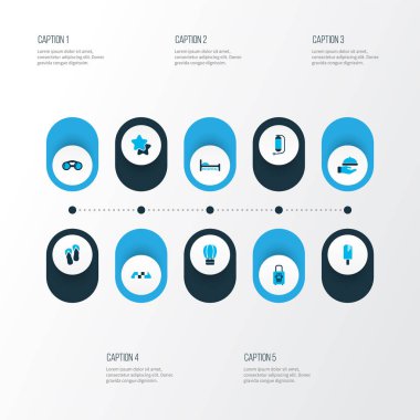 Seyahat simgeleri, garson, buzlu şeker, parmak arası terlik ve diğer taksi unsurlarıyla birlikte ayarlandı. İzole edilmiş illüstrasyon seyahat simgeleri.