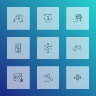 Ekonomi ikonlarının finans sigortası, kalabalık finansmanı, altın külçeleri ve diğer tokmak unsurlarıyla oluşturduğu bir tarz. İzole edilmiş illüstrasyon ekonomisi simgeleri.