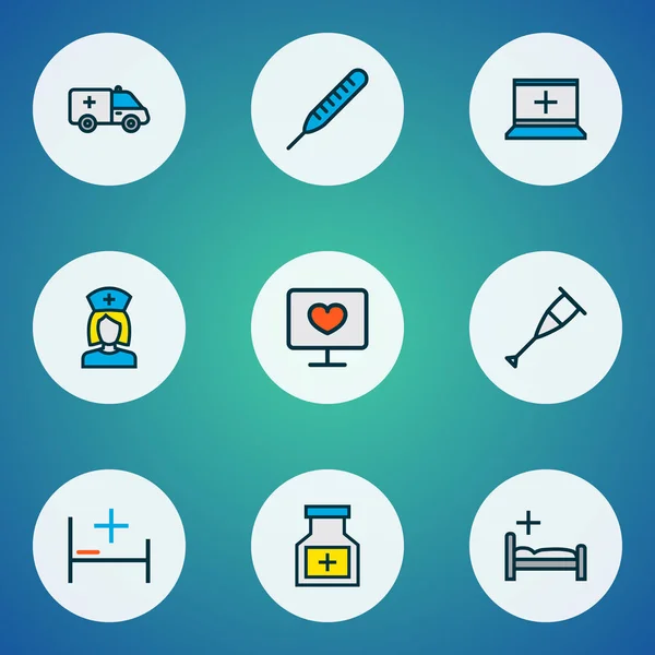 Лекарственные иконы цветной линии с больничной койкой, клиникой, машиной скорой помощи и другими элементами термометра. Изолированные иконы иллюстрационной медицины . — стоковое фото
