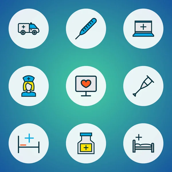 Iconos de la medicina línea de color conjunto con cama de hospital, clínica, coche de primeros auxilios y otros elementos del termómetro. Iconos de medicina de ilustración aislada . — Foto de Stock