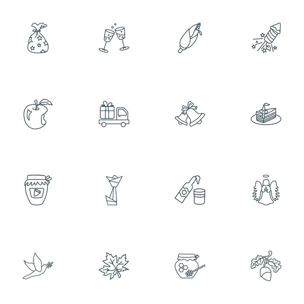 Festival Icons Line Stil-Set mit Eichel, Origami, Feuerwerk und anderen Heiligenschein-Elementen. Ikonen des Illustrationsfestivals. — Stockfoto