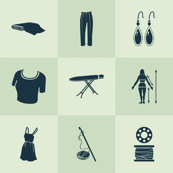 Iconos de diseño de moda con carrete, pantalones clásicos, tabla de planchar y otros elementos de la oreja. Iconos de diseño de moda de ilustración aislada . — Foto de Stock