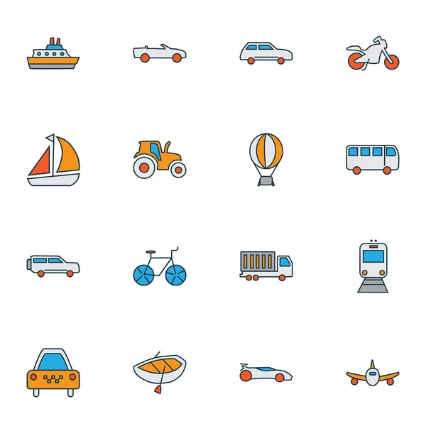 Tranzit ikonok színes vonal készlet városi autó, motorkerékpár, csónak és egyéb villamos elemek. Izolált ábrák tranzitikonok. — Stock Fotó