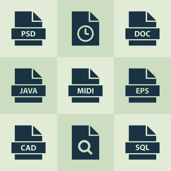 Ikony typów z elementami psd, folio, multimediami i innymi elementami katalogowymi. Izolowane typy ilustracji ikony. — Zdjęcie stockowe