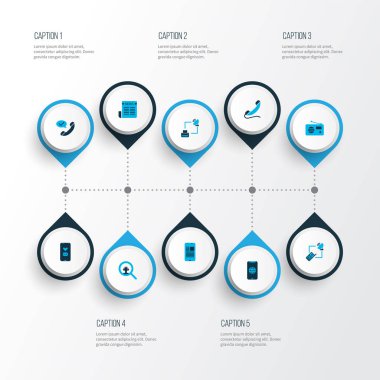 İletişim simgeleri aşk mesajı, web, arama sevkiyatı ve diğer günlük basın unsurları ile renklendirildi. İzole vektör illüstrasyon iletişim simgeleri.