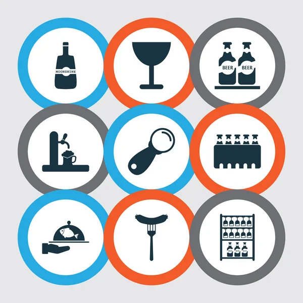 Beverages icons set with whisky, ale, sausage and other beer elements. Isolated vector illustration beverages icons. — ストックベクタ