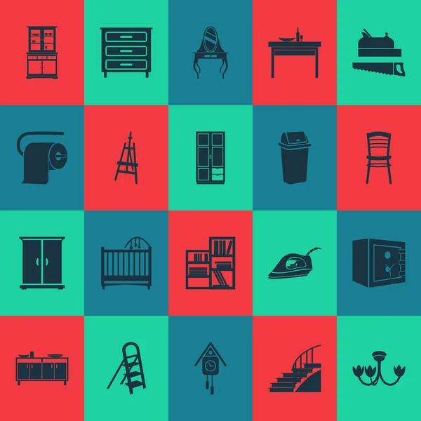 Conjunto de iconos de carcasa con tocador, caja fuerte, aparador y otros elementos de lámpara de techo. Iconos de vivienda de ilustración vectorial aislado . — Archivo Imágenes Vectoriales