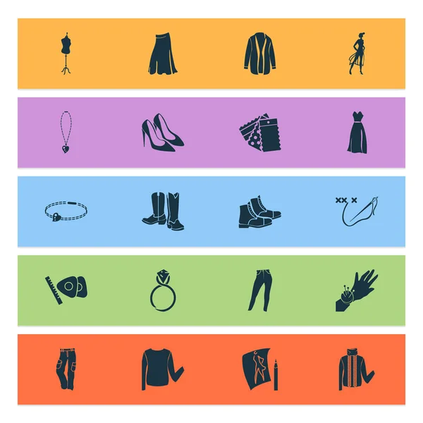 Fashionable icons set with cross stitch, trousers, cardigan and other embroidery elements. Isolated vector illustration fashionable icons. — 스톡 벡터
