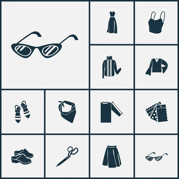 Fashion design icons set with cat eye sunglasses, corsage dress, bell sleeve shirt and other shirt size elements. Isolated vector illustration fashion design icons. — 스톡 벡터