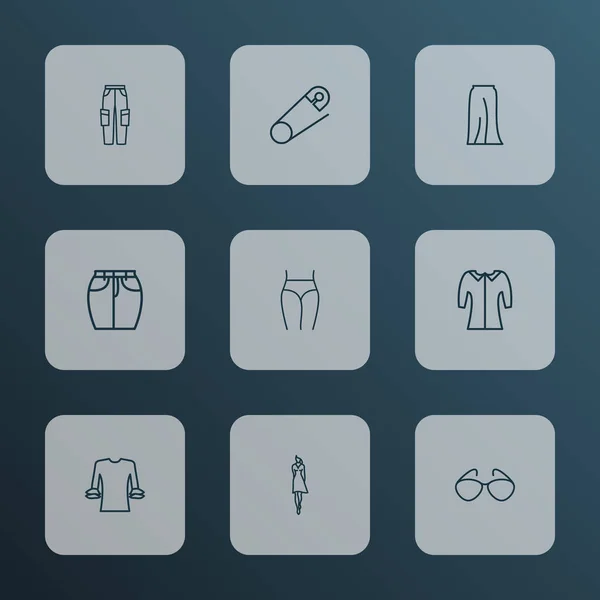 Modische Symbole Linie Stil-Set mit kreisförmigen Volants Hemd, Cargohosen, Unterhosen und anderen Brillenelementen. Vereinzelte Illustration modische Ikonen. — Stockfoto