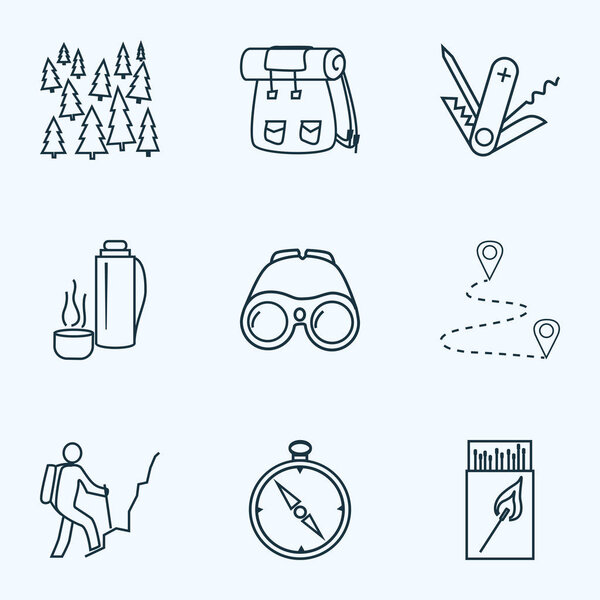Иконки деятельности стиль линии с назначением, швейцарский нож, бинокль и другие элементы восхождения. Изолированные иконки активности иллюстраций
.