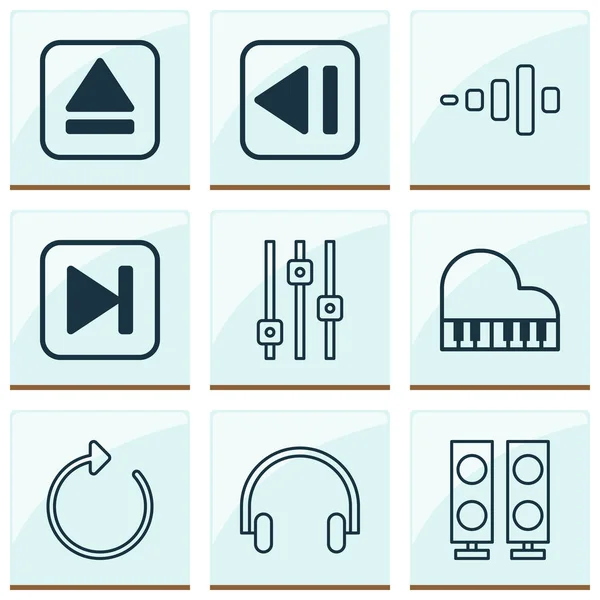 Ikony muzyczne w zestawie ze słuchawkami, szybkim przewijaniem, equalizerem i innymi elementami przeładowania. Izolowane ikony muzyki ilustracyjnej. — Zdjęcie stockowe