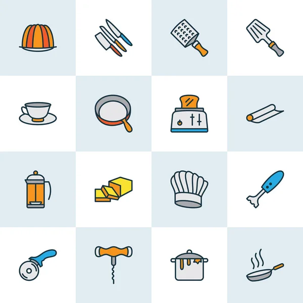 Gastronomy icons colored line set with dirty pot, spatula, french press and other baking paper elements. Isolated vector illustration gastronomy icons. — Stock Vector
