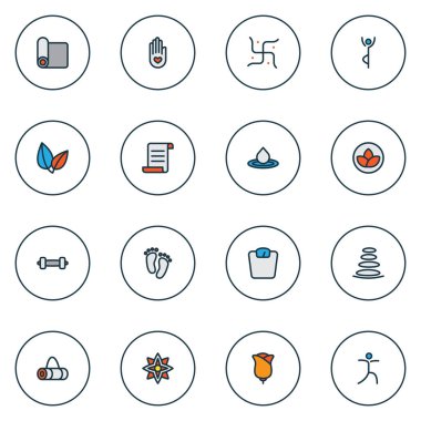 Yoga simgeleri, mandala tasarımı, yoga minderi, spa taşları doğa elementleri ile renklendirilmiş. İzole vektör illüstrasyon yoga simgeleri.