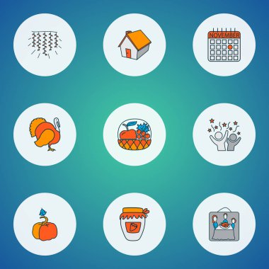 Kutlama simgeleri reçel kavanozu, balkabağı, kutlama ve diğer aile resimleriyle renklendirildi. İzole edilmiş illüstrasyon kutlama simgeleri.