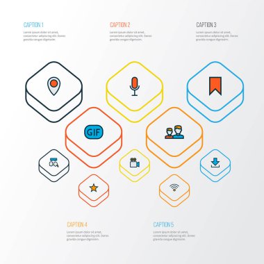 İletişim simgeleri, gif etiketi, ses sohbeti, görüntülü konuşma ve diğer kamera ögeleriyle birlikte ayarlandı. İzole illüstrasyon iletişim simgeleri.