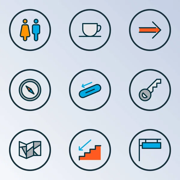 Navigation icons colored line set with arrow sign, escalator, toilet and other next elements. Isolated illustration navigation icons. — 스톡 사진