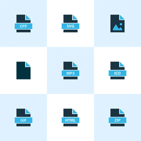 Conjunto de iconos de documento coloreado con zip de archivo, ico de archivo, gif de archivo y otros elementos de fuente de tipo abierto. Iconos de documento de ilustración aislados . —  Fotos de Stock