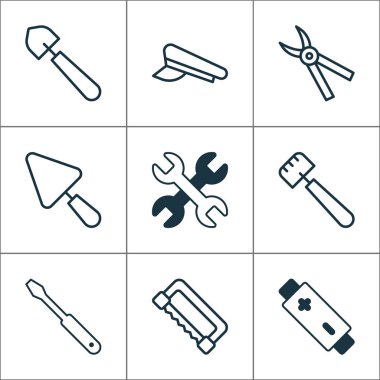 Tornavida, kıskaç, ingiliz anahtarı ve diğer marangoz elementleriyle donatılmış araç simgeleri. İzole vektör illüstrasyon aracı simgeleri.