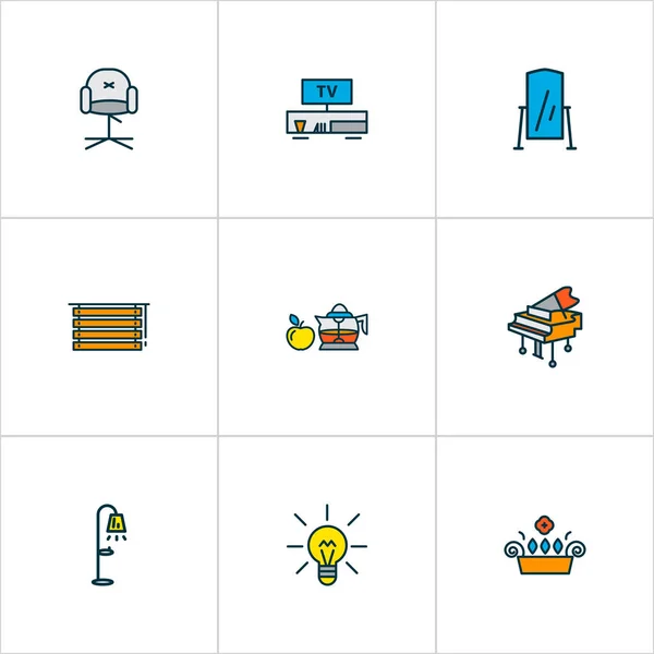 Home decoration icons colored line set with floor mirror, tv bench, lightbulb and other streetlight elements. Isolated vector illustration home decoration icons. — Stock Vector