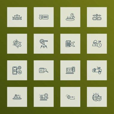 Motor simgeleri çizgisi biçimi sayfa kalitesi, bağlantı kurma, hedef alma ve diğer dünya elementleri ile ayarlandı. İzole çizim motoru simgeleri.
