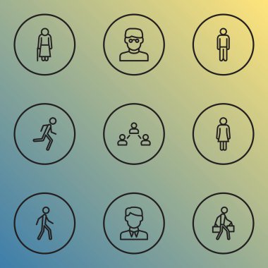 Koşu, insan, temas ve diğer erkek unsurları ile insan ikonu çizgisi. İzole edilmiş illüstrasyon insan simgeleri.