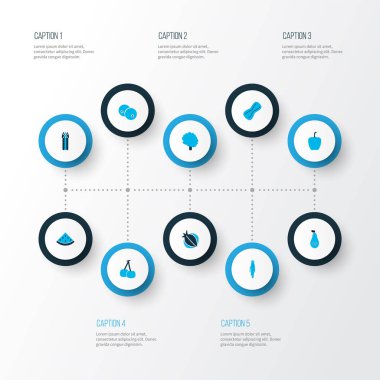 Karpuz, fıstık, kiraz ve diğer ekoloji elementleriyle renklendirilmiş sebze ikonları. İzole edilmiş çizim sebze simgeleri.