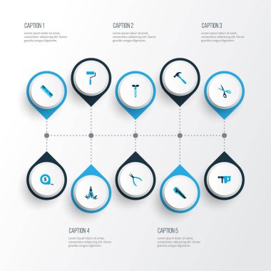 Cıvata, klemp, alet bıçağı ve diğer tamir elementleriyle renklendirilmiş araç simgeleri. İzole illüstrasyon araçları simgeleri.