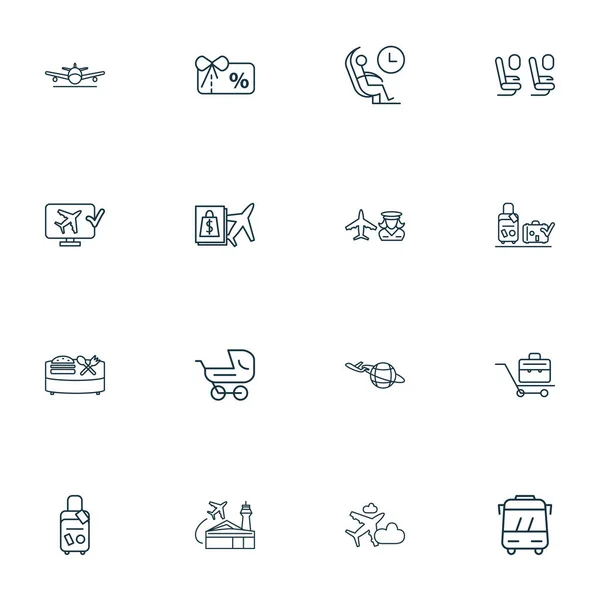 Transport ikoner linje stil som med plan i molnet, köpa ombord, mat domstol och andra resväskor element. Isolerade illustration transport ikoner. — Stockfoto
