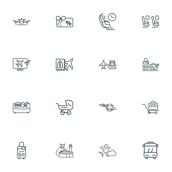雲の中に飛行機で設定された交通アイコンラインスタイルは、ボード上で購入し、フードコートや他のスーツケース要素。孤立イラスト輸送アイコン. — ストック写真