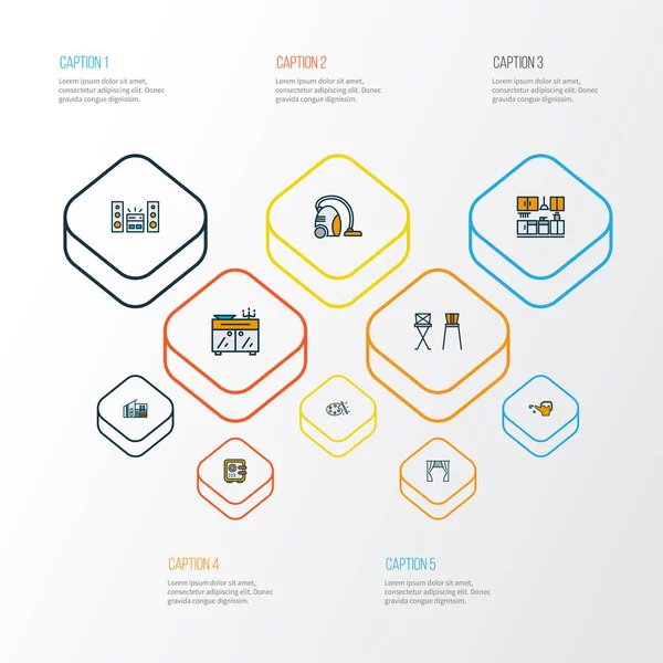 Huis pictogrammen gekleurde lijn set met barkruk, kleurenpalet, keuken set en andere veegmachine elementen. Afzonderlijke illustratie huis iconen. — Stockfoto