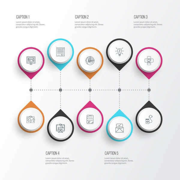 Icone scolastiche stile linea con geologia, medicina, carta d'esame e altri elementi del documento. Isolato illustrazione icone della scuola . — Foto Stock