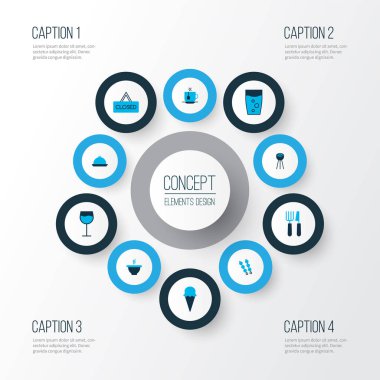 Kafe simgeleri kebap, çatal, bıçak, çay ve diğer çay fincanları ile renklendirilmiş. İzole vektör illüstrasyon kafesi simgeleri.