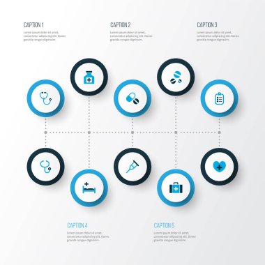 Uyuşturucu simgeleri seti ayakta, yardım çantasında, uyuşturucu listesindeki elementlerle. İzole vektör illüstrasyon ilaç simgeleri.