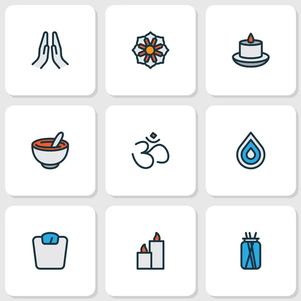 Relax icons colored line set with hinduism, mandala, paraffin mortar elements. Isolated vector illustration relax icons. — 스톡 벡터