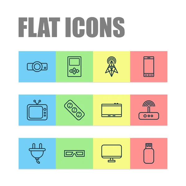 Hardware icons set with projector, 3d glasses, antenna and other presentation elements. Isolated vector illustration hardware icons. — 스톡 벡터