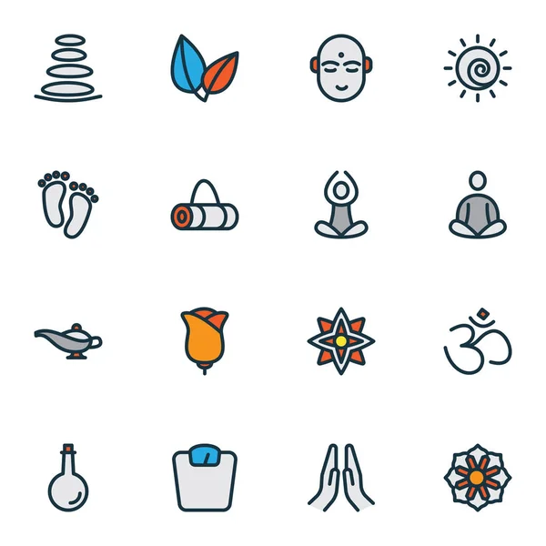 Relax icons colored line set with feet, hindu human, scales and other barefoot elements. Isolated vector illustration relax icons. — 스톡 벡터