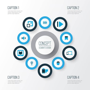 Müzik simgeleri film, şarj etme, büyütme ve diğer enerji elementleriyle renklendirildi. İzole vektör illüstrasyon müzik simgeleri.