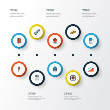 Bilgi simgeleri anahtar, benzin istasyonu, restoran ve diğer yaklaşım elementleriyle renklendirildi. İzole vektör illüstrasyon bilgi simgeleri.