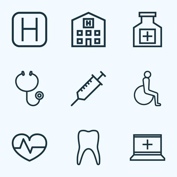 Medikamentensymbole Linie Stil-Set mit Poliklinik, Zahn, Spritze und anderen Krankenhaus-Elemente. isolierte Vektor-Illustration Medikamentensymbole. — Stockvektor