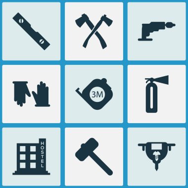 Yurt, iletişim seviyesi, balta ve diğer alev güvenlik unsurlarıyla endüstri simgeleri oluşturuldu. İzole edilmiş illüstrasyon sektörü simgeleri.