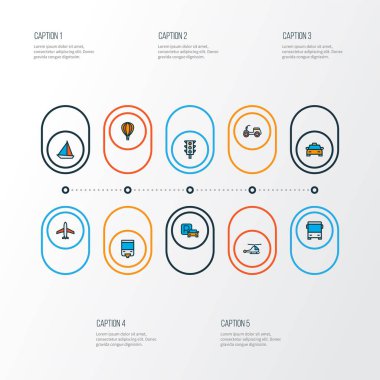 Ulaşım simgeleri yelkenli tekne, uçak, trafik ışığı ve diğer helikopter unsurlarıyla renklendirildi. İzole edilmiş resimli taşıma simgeleri.