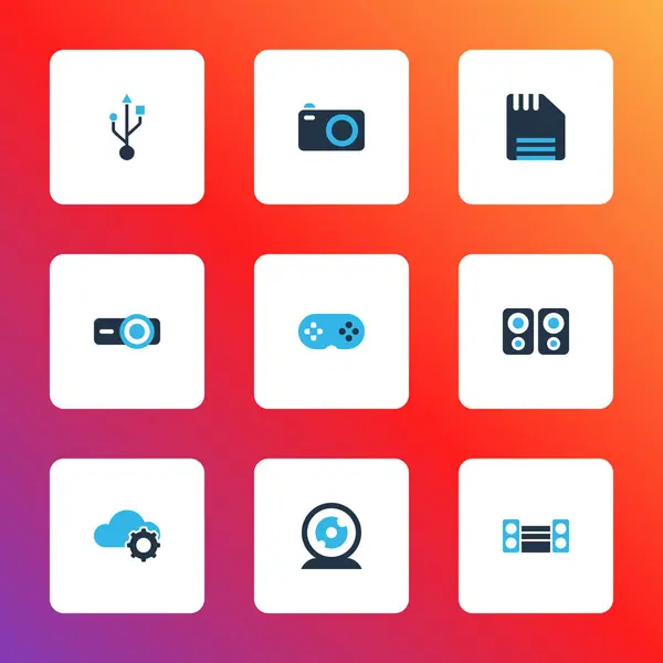 Technologie pictogrammen gekleurde set met camera, cloudtech, usb en andere connector elementen. Afzonderlijke illustratietechniek iconen. — Stockfoto