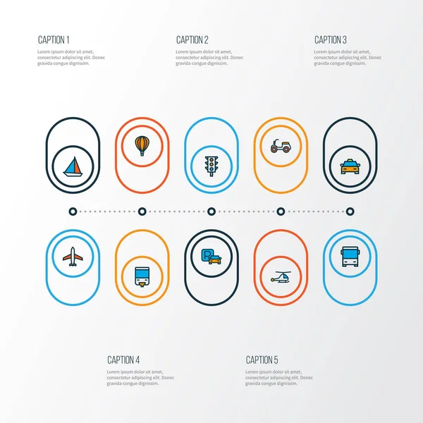 交通图标彩色线设置与帆船，飞机，红绿灯和其他斩波元素。 孤立的图例运输图标. — 图库照片