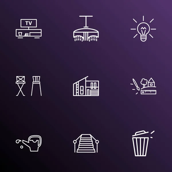 House icons line style set with stairs, lightbulb, barstool and other real estate elements. Isolated illustration house icons. — 스톡 사진