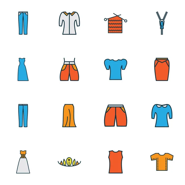 Fashion iconen gekleurde lijn set met breien, pan kraag, midden mouw en andere kleding elementen. Geïsoleerde illustratie mode iconen. — Stockfoto