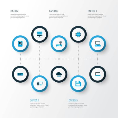 Klavye, sabit disk, kablosuz ağ ve diğer bilgisayar elemanlarıyla donanım simgeleri. İzole vektör illüstrasyon donanım simgeleri.